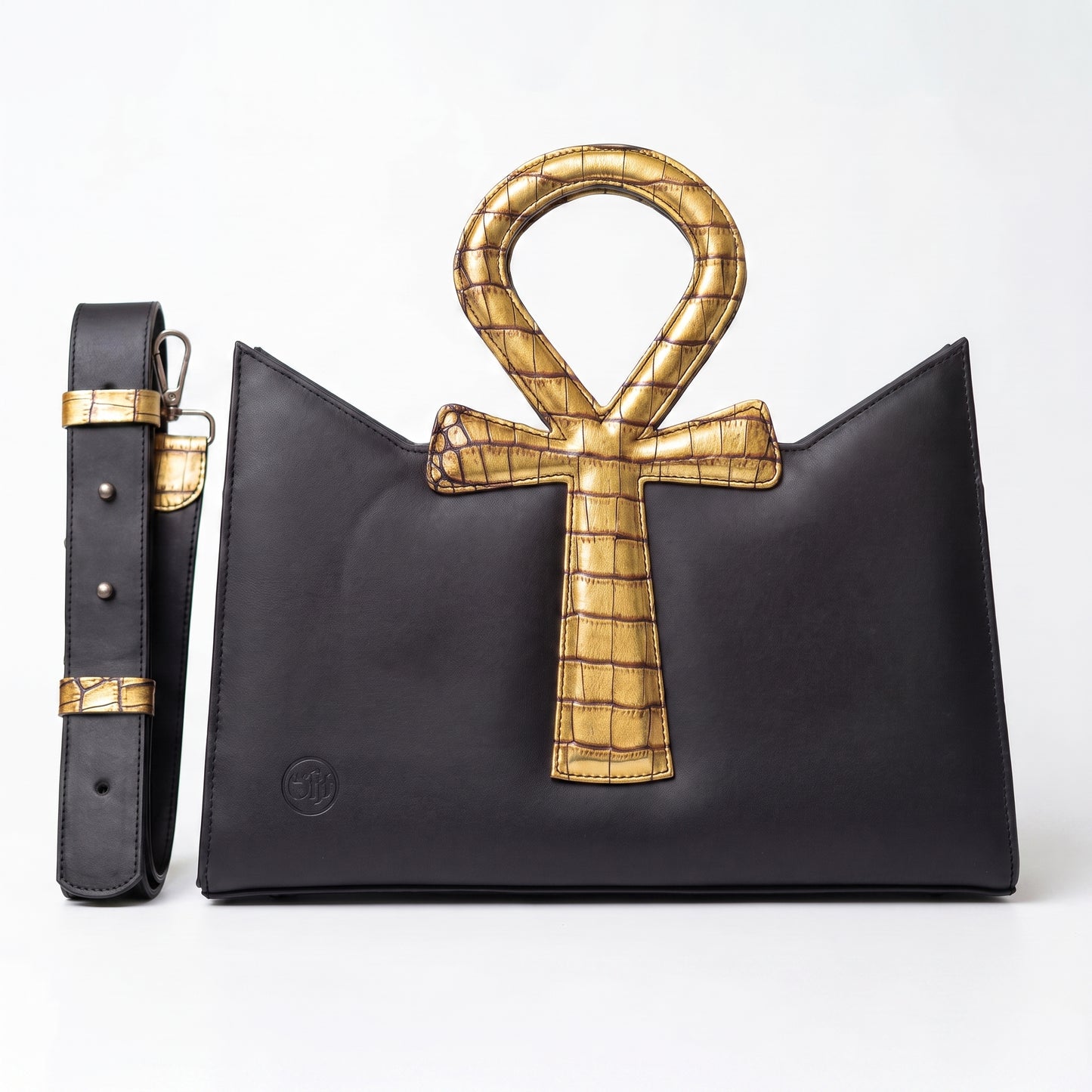 Black Leather Bag With Golden Pharaoh's Life Key Classical for Women