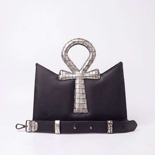 Black Leather Bag With Silver Pharaoh's Life Key Classical for Women
